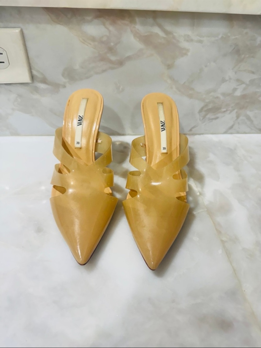 Zara Tan Yellow Pointed Strappy Mule Heels